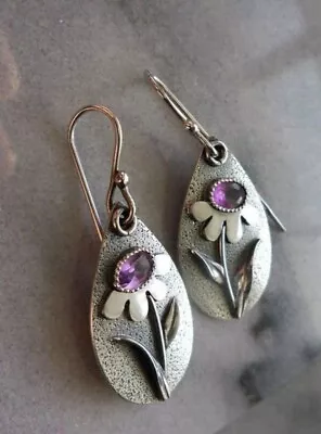 Amethyst Silver Water Droplet Dangle Hook Earring-Handmade Silver Earring • £13.99