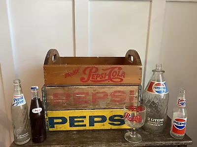 3 Vintage Pepsi Wood Crate Lot Cola Wooden Storage Tray Caddy + Glass Bottles • $254.74