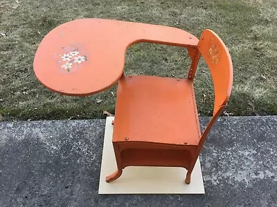 Vintage School Desk Top & Back Rest Are Wood Frame Is All Metal Orange Color • $199.95