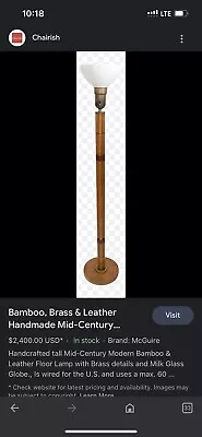 Bamboo Brass & Leather Handmade Mid-Century Modern Floor Lamp Milk Glass Globe • $400