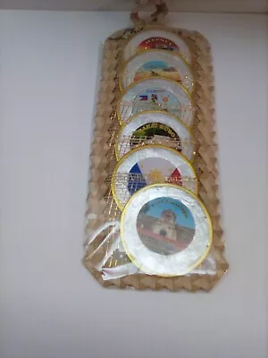 $10.25 • Buy Balikbayan Philippines Capiz Shell 6 Drink Coaster Set With Wicker Case - New