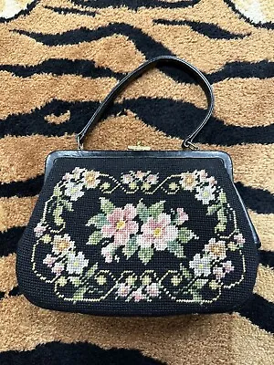 VINTAGE Cross Stitch Needlepoint Floral Black Purse Handbag Leather Trim • $29.99