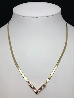 Estate 14k YellowGold Herringbone V-Shape Necklace Ruby&Diamond 17.5” 5.8g Italy • $590