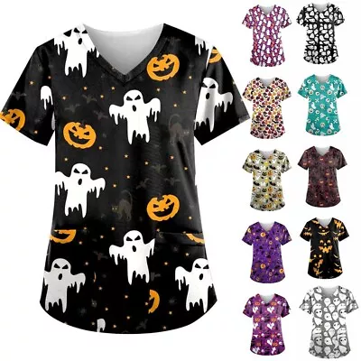 $25.44 • Buy Women Printed Uniform Nursing Scrub Short Sleeve Pocket T-Shirt Tops Halloween A