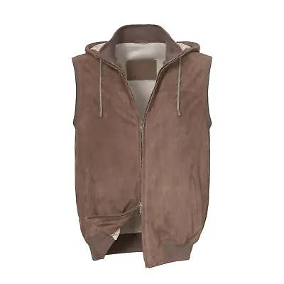 Hooded Leather Vest In Taupe Genuine Leather • $199