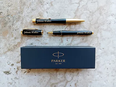 Custom Engraved Pens Gift Set Black Gold Trim Parker Urban Ballpoint Rollerball • $99.99