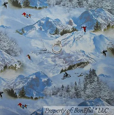 BonEful Fabric Cotton Quilt Blue Mountain Scenic Xmas Winter SKI Mask Snow Sport • $7