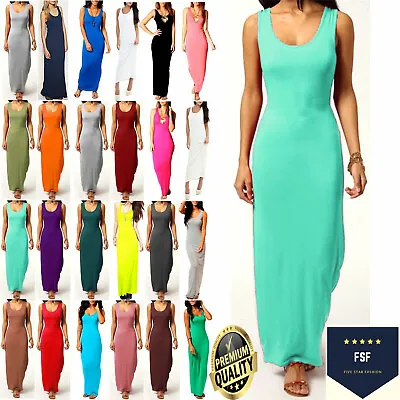 Womens Long Maxi Dress Ladies Stretch Jersey Plain Racer Muscle Back Vest 8-26 • £8.19