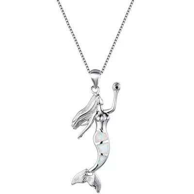 Simple Design White Simulated Opal Mermaid Pendant Silver Necklace Jewelry • $0.40