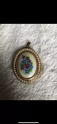 Vintage Avon Oval Blue Purple Violet Flower Bouquet Pearls Locket Pendant  • $2