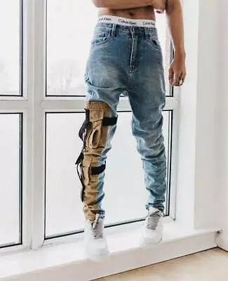 Men's Trendy Stylish Pocket Strap Distressed Jeans • $60