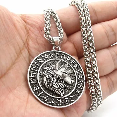 $15.99 • Buy MOYON Mens Vintage Norse Viking Rune Wolf Head Pendant Necklace For Men Women
