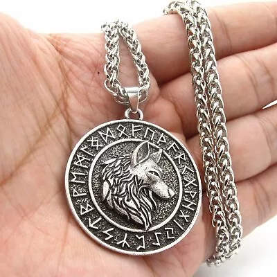 MOYON Mens Vintage Norse Viking Rune Wolf Head Pendant Necklace For Men Women • $15.99