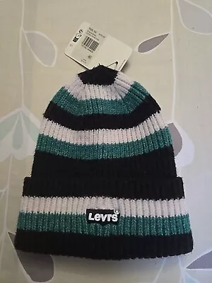 Authentic Levi's Green Black White Striped Knit Beanie With Logo One Size - New • £20