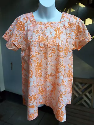 1960s 70s Orange Floral Smock Top Size 10 - 12 Genuine Vintage Hippy • £9.99