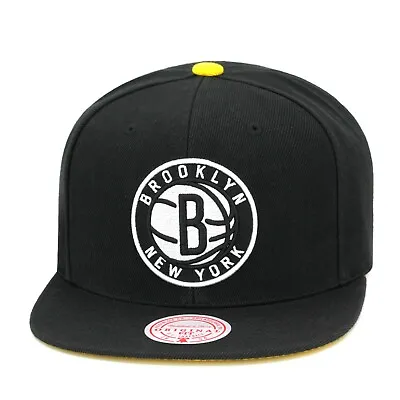 Mitchell & Ness Brooklyn Nets Snapback Hat Cap Black/White/Yellow Bottom • $36.90