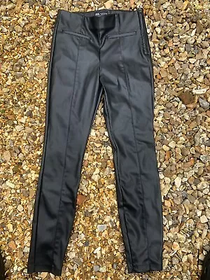 Ladies Faux Leather Stretch Trousers /leggings Black Zara Size M 10/12 • £4.99