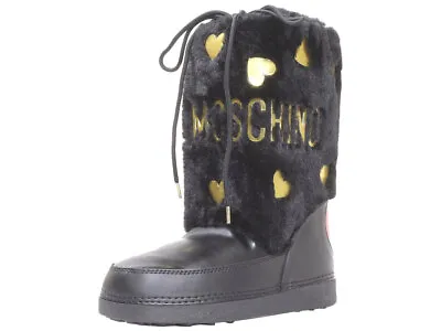 Love Moschino Women's Gold Hearts Snow Boots Faux Fur Black • $198.75