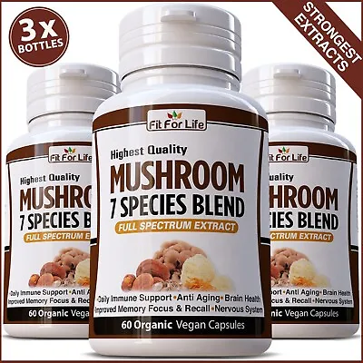 180 Capsules Mushroom 7 Species Organic Pills Reishi Lions Mane Cognitive Brain • $22.45