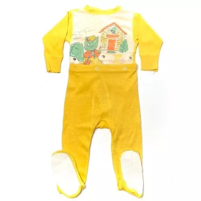 School Cat Graphic Print Yellow Footed Pajamas 2T+ 60s 70s Vintage Baby Clothes • $24.95