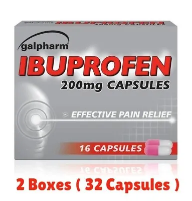 Galpharm Ibuprofhen Pain Relief 200mg Capsules - 2 Boxes (32 Capsules) • £2.99