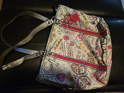 Coach Poppy Bandana Butterfly Graffiti Tote Bag Pink Grey Silver • $49.99