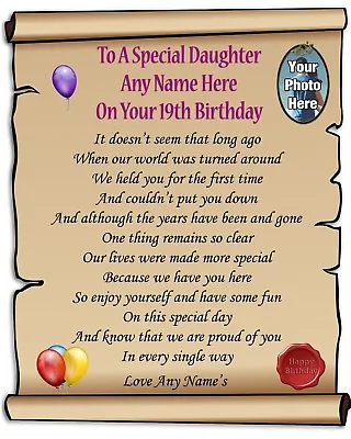 Personalised Photo & Name Daughter 19th Birthday Poem Laminated 10x8 Gift P35 • £3.99