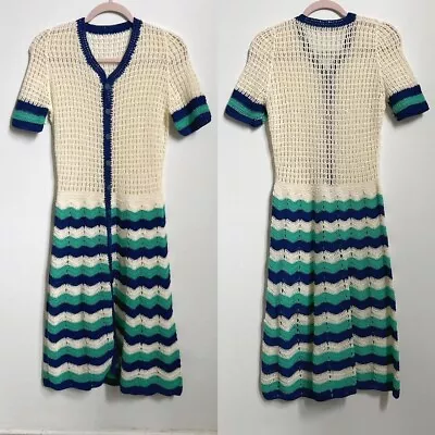 70s Vintage Crochet Dress Buttonup Shortsleeve Blanket Granny Knitted • $65