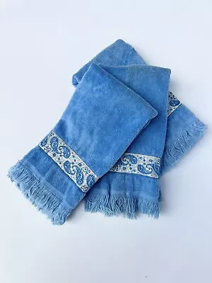 3 Vintage Martex Guest Towels Paisley Blue Fringe  • $19.85