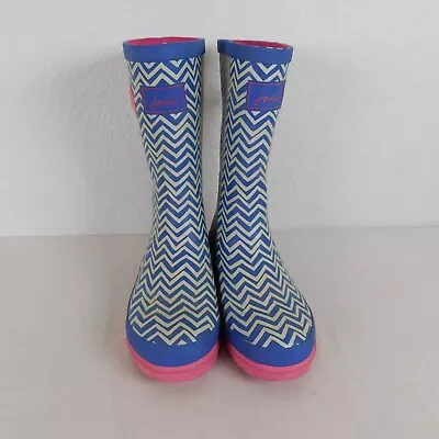 Joules Blue Stripe Pink Sole Mid Height Wellington Rain Boots Women US Size 7 • $30