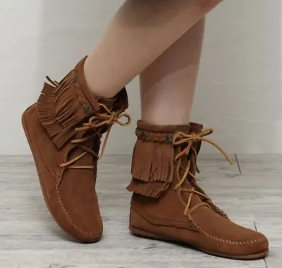 MINNETONKA Tramper Suede Leather Double Fringe Lace Up Ankle Booties Brown 6 • $40