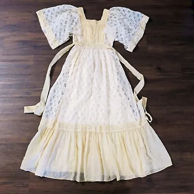 Vintage 70s Candi Jones Lace Hippy Prairie Maxi Dress Cottagecore Wedding Small • $149.95