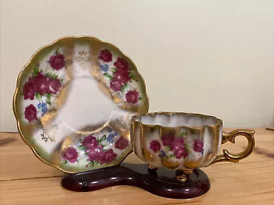 Vintage Porcelain  Tea Cup With Saucer 3 Footed Floral Rose Iridescent Gold Trim • $24.99