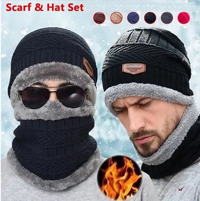 Men's Winter Beanie Hat And Scarf Set Warm Fleece Knitted Cap Unisex UK Seller++ • £4.69