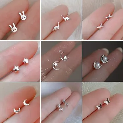 $2.71 • Buy 925 Silver Star Moon Cat Rose Flower Small Stud Earrings Women Jewelry Cute Gift