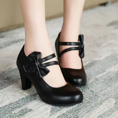 Women's Ankle Strappy Shoes Lolita Bowknot Kitten Block Heel Pumps Size 34-48 • £42.35