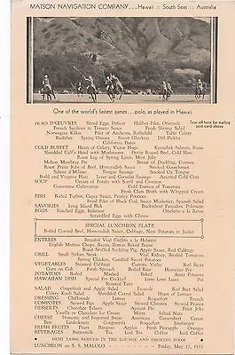 1933 Matson Navigation Co Lunch Menu With Polo Match Scene In Hawaii • $29.99