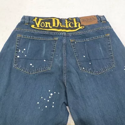 Von Dutch Jeans Mens 36x32 Blue Denim Baggy Wide Leg Paint Splatter Y2K Tag 38 • $99.99