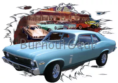 1970 Blue Chevy Nova B Custom Hot Rod Diner T-Shirt 70 Muscle Car Tees • $19.99