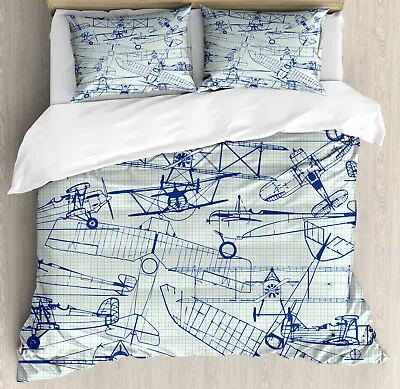 Nostalgic Duvet Cover Set With Pillow Shams Old Airplane Drawing Print • $69.99