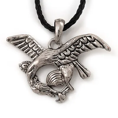 Silver Plated 'Eagle' Pendant On Black Leather Style Cord Necklace - 40cm • £3.99