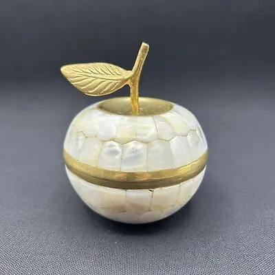 Vintage Apple Trinket Box Brass & White Mother Of Pearl Made In India 4.25” Tall • $20