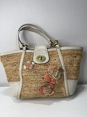 Coach Hampton Floral Applique Straw  Coral White Tote Shoulder Bag 19347 Cottage • $44.99