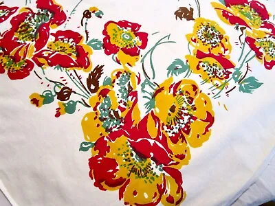 Vintage Tablecloth Poppy Hydrangea Print Red Yellow Teal 50x66 • $40