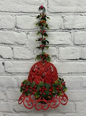 Vtg Christmas Soft Plastic Holly Berry Hanging Bell Glitter Red Kitschy Tacky • $18