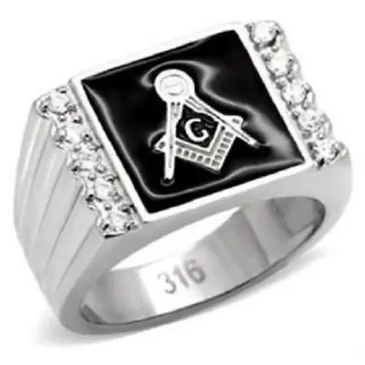 Mnes Masonic Ring Black Signet Pinky Military Stainless Steel Cz Silver 8X030 • £22.99