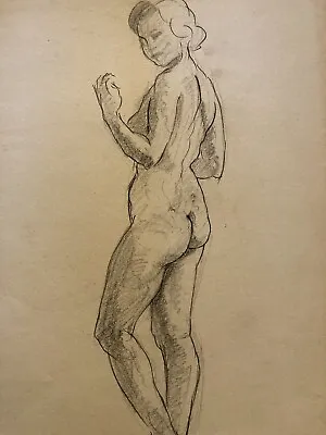 Very Nice Drawing Charcoal Naked Woman Erotic Standing To Identify 1950 Art • £125.28