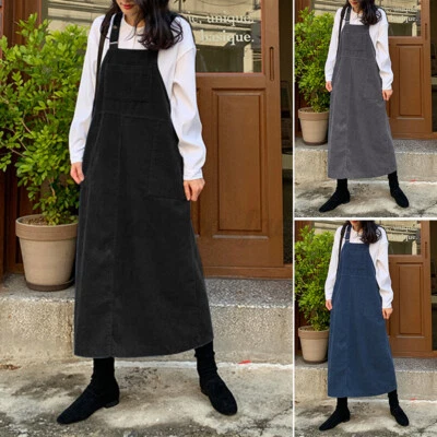$22.66 • Buy Women Cordoroy Dungaree Pinafore Dress Square Neck Plus Size Bib Overalls Kaftan