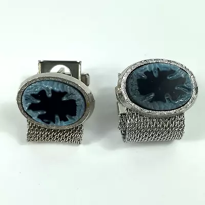 Vintage Cilver Toned Mesh Wraparound Cufflinks W/ Blue Oval Stones • $31.33