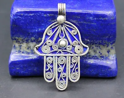 Moroccan Hamsa Hand Of Fatima Silver Enamel Pendant Tribal Blue Enamel Pendant • $23.99